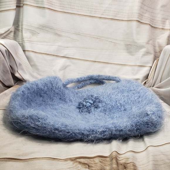 Alpaca Wool Boho Handbag Cinch Purse Cornflower Blue 15 x 11 Inches - Picture 7 of 10